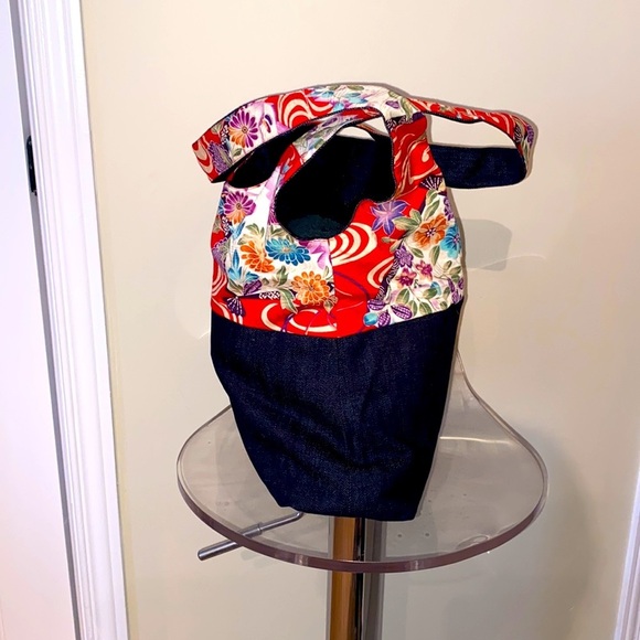 🆕RARE Japanese handmade repurposed denim & kimono 👘 tote bag / hidden zips - Picture 7 of 13
